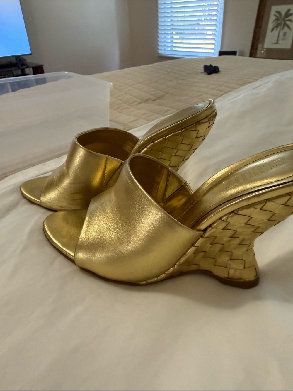 SCHUTZ Metallic Gold Woven Wedge Slide Mules - Picture 8 of 9